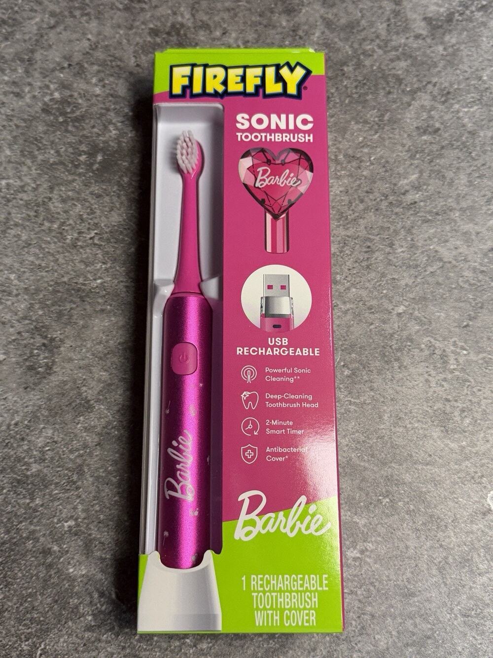 Slim Sonic Barbie Toothbrush with USB Charging and Antibacterial Cover NIB